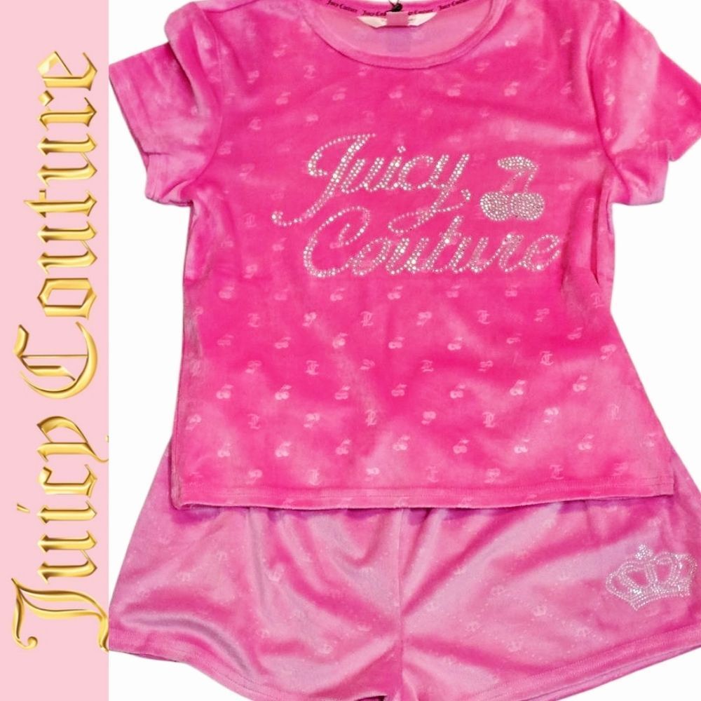Juicy Couture JC Cherry Rhinestone‎ Script Logo Velour PJ Set